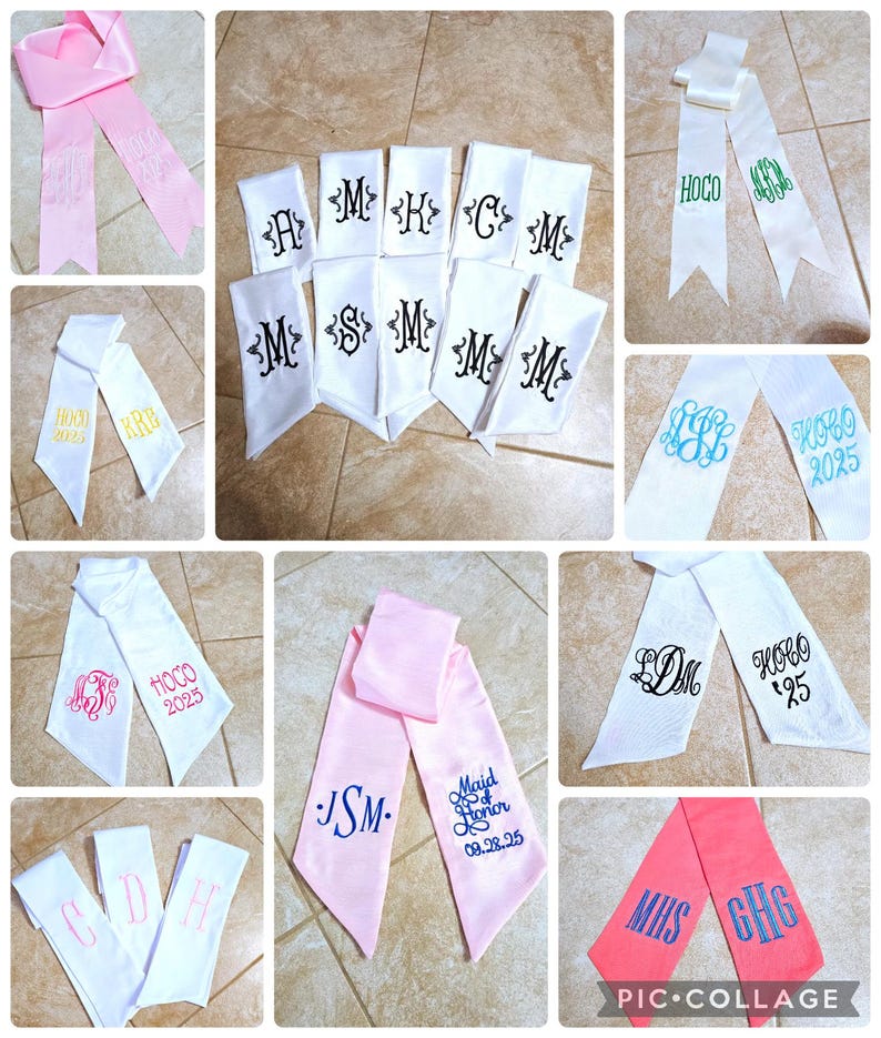 May include: A collage of personalized sashes in various colors, including pink and white. The sashes feature embroidered initials, names, and dates. Some sashes have the text "HOCO" and "2025".