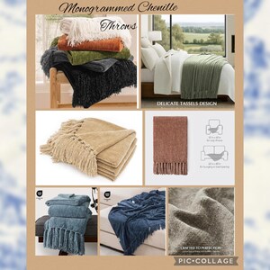 May include: A collage of chenille throws in various colors, including white, orange, green, gray, black, tan, and blue. Some throws are folded, others draped, and some have fringe. The text "Monogrammed Chenille Throws" is at the top.