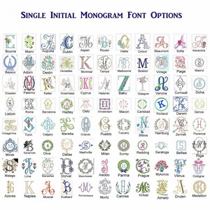 May include: A grid of monogram font options, each featuring a unique initial design. The text "SINGLE INITIAL MONOGRAM FONT OPTIONS" is at the top. The fonts vary in style, from classic to ornate, with floral and decorative elements.