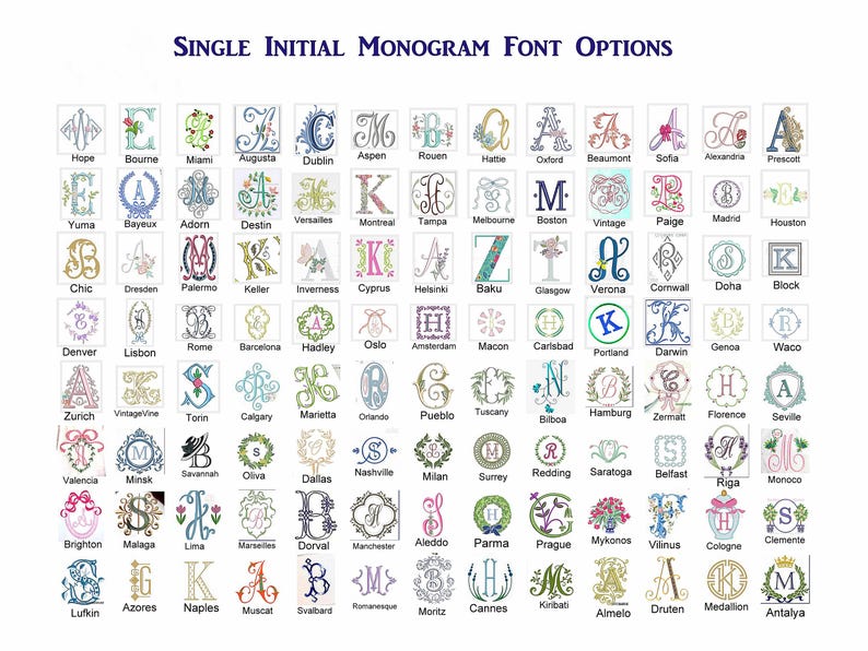 May include: A grid of monogram font options, each featuring a unique initial design. The text "SINGLE INITIAL MONOGRAM FONT OPTIONS" is at the top. The fonts vary in style, from classic to ornate, with floral and decorative elements.
