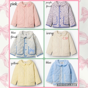 May include: A collage of six quilted jackets in various colors. The jackets feature a rounded collar, button closure, and pockets. Colors include pink, purple floral, blue floral, ivory, yellow, and blue. Some jackets have embroidered details or initials.