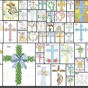 May include: A collection of embroidered cross designs in various styles. The crosses feature floral, ribbon, and dove motifs, with some including text like "He is Risen" and "Jesus Loves Me". The color palette includes pastels and gold.