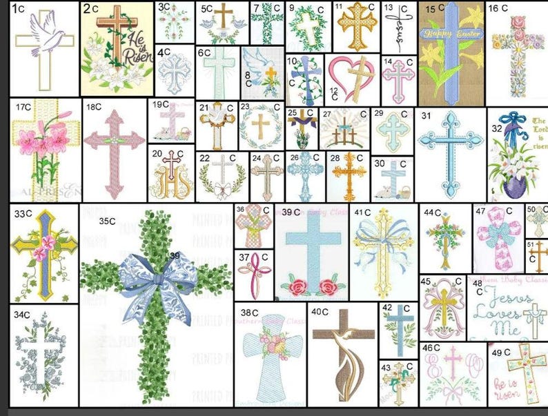 May include: A collection of embroidered cross designs in various styles. The crosses feature floral, ribbon, and dove motifs, with some including text like "He is Risen" and "Jesus Loves Me". The color palette includes pastels and gold.