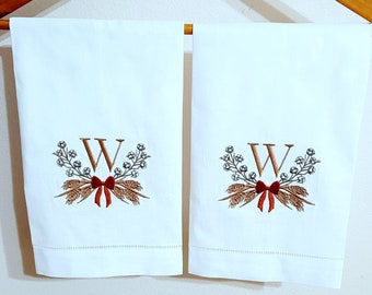 Monogrammed Linen Tea Towels: Embroidered Hemstitch Kitchen Towel Set