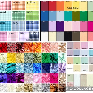 May include: A collage of fabric swatches in various colors and patterns. Includes gingham, solid cotton, and silk fabrics. Colors range from red, orange, and yellow to mint, green, and blue. The text "Silk" and "Solid Cotton" are visible.