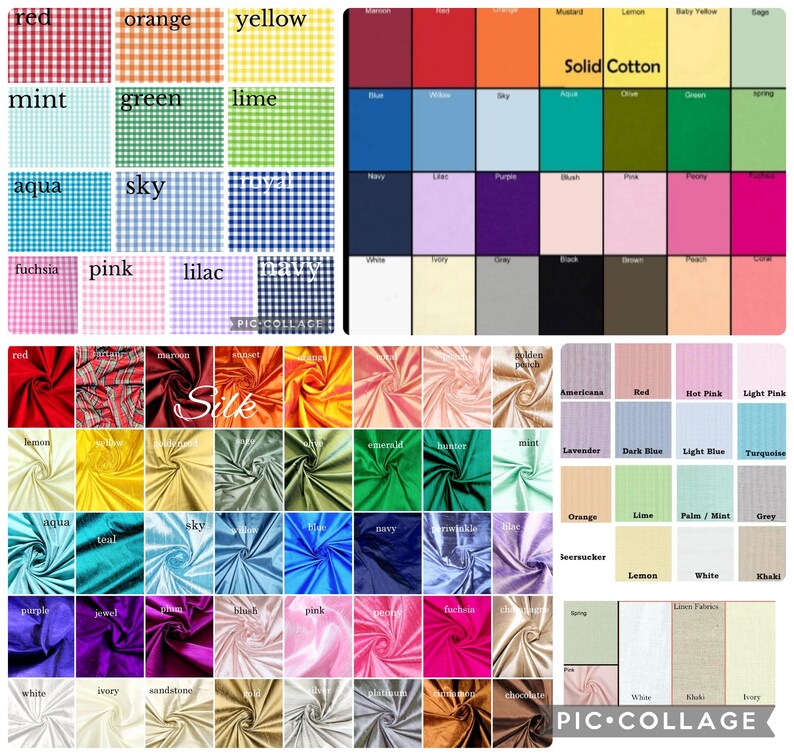 May include: A collage of fabric swatches in various colors and patterns. Includes gingham, solid cotton, and silk fabrics. Colors range from red, orange, and yellow to mint, green, and blue. The text "Silk" and "Solid Cotton" are visible.