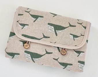 Portable changing mat with diaper pocket, washable, waterproof, natural whale design