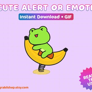 May include: Animated GIF of a green frog riding a yellow banana on a spring. The frog is smiling and has its eyes closed. The banana is shaped like a seesaw. The background is a light purple colour. The text "Cute Alert or Emote" is at the top of the image. The text "Instant Download - GIF" is below the image. The text "Ready to Use!" is in a starburst shape in the lower right corner of the image.