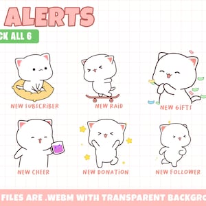 White Cute Kitty Animated Alerts for Streamers, Cute Funny Kittens Animated Alerts for Twitch, YouTube, Facebook and Kick | Instant Download
