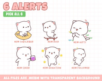 White Cute Kitty Animated Alerts for Streamers, Cute Funny Kittens Animated Alerts for Twitch, YouTube, Facebook and Kick | Instant Download