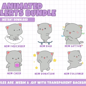 6 Cat Animated Twitch Alerts, Kitty Alerts, Gray Cat Alert, Cute Cat Alert, Animal Alert, For Streamers-Instant Download/Ready to Use