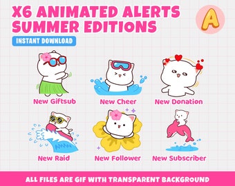 Alertas de Twitch animadas de un lindo gato blanco, edición de verano (descarga digital GIF)