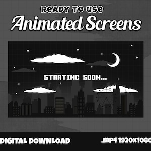 x5 Animierte Stream Bildschirme Dark Mode Stadt / Bald beginnen / Dark Mode /Offline / Brb / Stream End