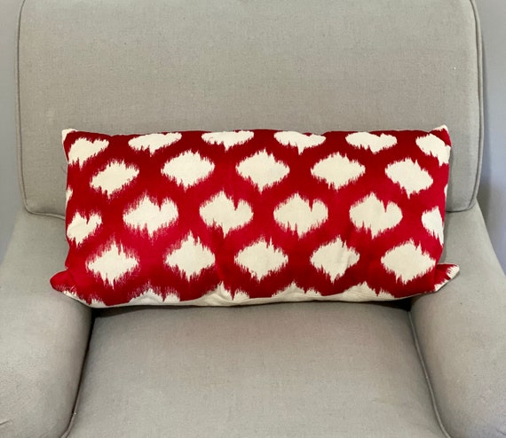 Red and White Boho Ikat Embroidered Rectangular Pillow | Etsy