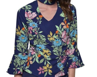 Floral Top  3/4 Sleeves With Choker Neckline