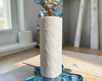 Nautical kitchen roll holder – handmade unique piece with starfish, North Sea, Baltic Sea, Resinart kitchen roll holder