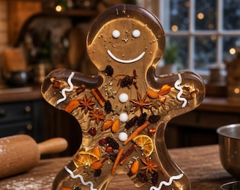Gingerbread man illuminated artwork made of epoxy resin with real forest elements, 35 cm high. Resin art Christmas. TO ORDER.