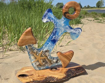 Maritime anchor made of olive wood – LED lighting – Resin art artwork North Sea Baltic Sea – Available for pre-order