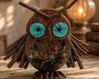 Owl sculpture Esme — Handmade from oak & epoxy resin LED lighting artwork unique piece