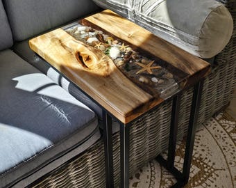 Coffee table, seaside table, side table, epoxy resin table, artwork made of solid linden wood. TO ORDER.