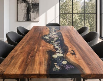Dining table, living room table, real flowers, epoxy resin table, river table made of birch wood "TO ORDER"