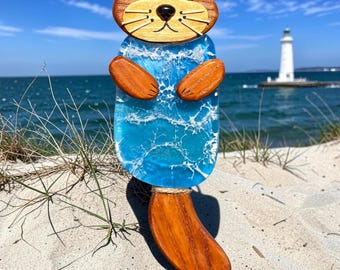 Sea otter sculpture made of chocolate oak & resin artwork, fish otter, marten, handmade