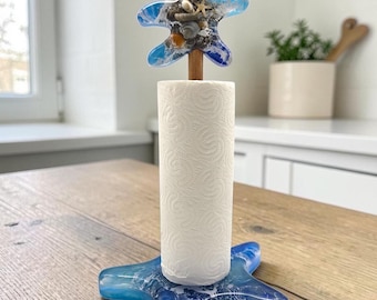 Nautical kitchen roll holder – handmade unique piece with starfish, North Sea, Baltic Sea, Resinart kitchen roll holder