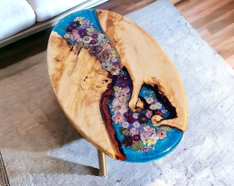 Commissioned oval coffee table real flowers epoxy resin table Rivertable made of linden artwork SOLD!