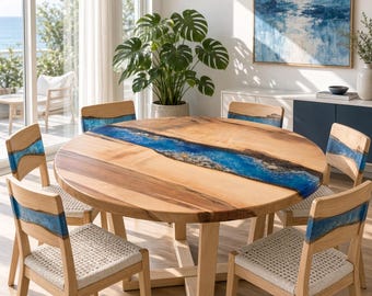 Round dining table, maritime epoxy resin table, river table made of mountain maple wood according to customer specifications