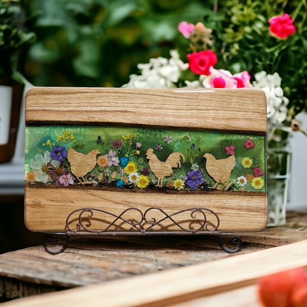 Serving board serving tray made of beautiful oak wood with real flowers chicken rooster artwork epoxy resin