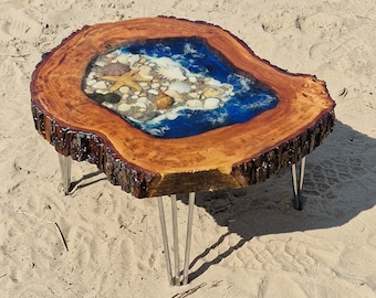 Couchtisch Coffeetable LED Meerdesign Epoxidharz Tisch Kunstwerk aus Linde Sylt Amrum Nordsee Ostsee