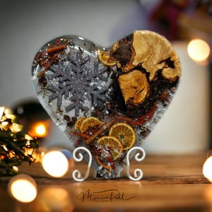 Groot kersthart van olijfhout kleur zilvergrijs Kerstkunstwerk Resinart