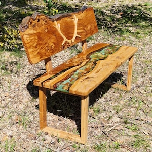 Bench forest bench made of rustic oak (lightning oak) artwork made of resin with LED lighting hunter&#39;s bench &quot;SOLD&quot;
