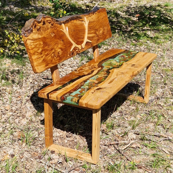 Banc banc forestier en chêne rustique (chêne éclair) oeuvre en résine avec éclairage LED banc de chasseur "VENDU"