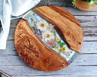Drehteller Drehtablett für den Esstisch aus Eiche mit echten Blüten Kunstwerk