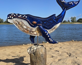 Blue whale sculpture made of real flotsam & resin | “Thalassos” |  Artwork resin art