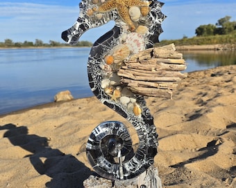 Maritime seahorse, black mother-of-pearl artwork, North Sea, Baltic Sea, resin art. TO ORDER.