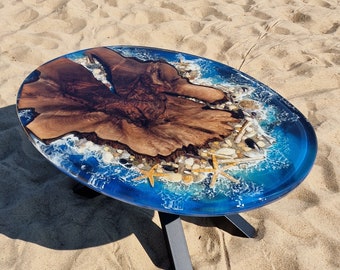 Oval coffee table, seaside table, epoxy resin table, artwork made from walnut root wood