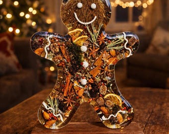 Gingerbread man illuminated artwork made of epoxy resin with real forest elements, 35 cm high, Resinart Christmas, Mr. Monzi
