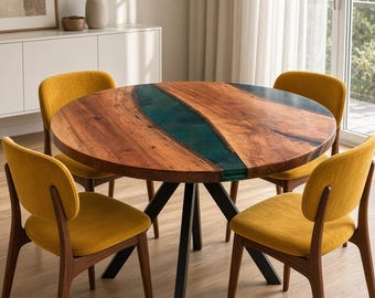 Round dining table, green mottled epoxy resin, river table made of Swedish birch, made to customer specifications
