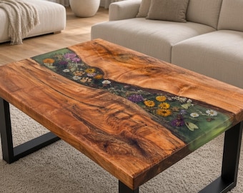 Coffee table, real flowers, epoxy resin table, river table, LED lighting, made of solid wood. TO ORDER.