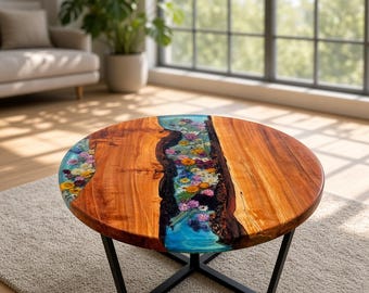 Round coffee table with floral design, epoxy resin, river table, solid wood, made to customer specifications. TO ORDER.