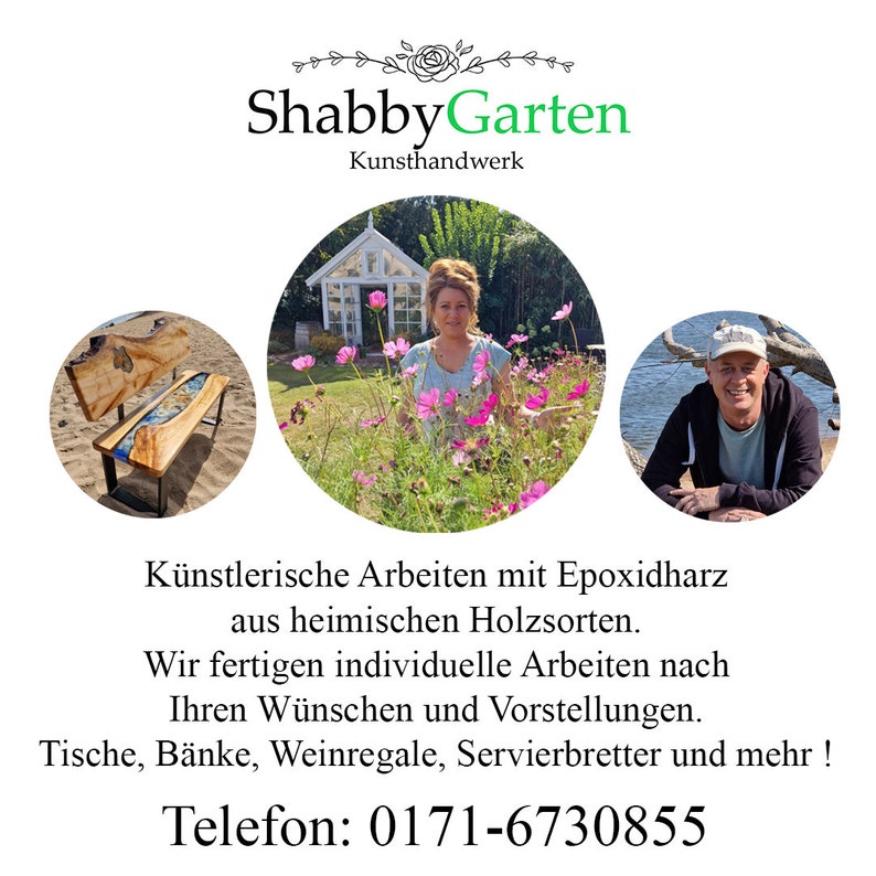 K&ouml;nnte beinhalten: Eine Holzbank mit einer blauen und gr&uuml;nen Epoxidharz-Fluss-Einlage. Die Bank wird von ShabbyGarten hergestellt, einem Unternehmen, das individuelle M&ouml;bel und Dekorationsartikel herstellt. Die Telefonnummer des Unternehmens lautet 0171-6730855.