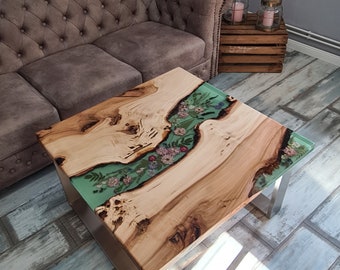 Auftragsarbeit zum "ZEIGEN" Unikat Couchtisch im Blumendesign, LED, Epoxidharz Tisch, VERKAUFT