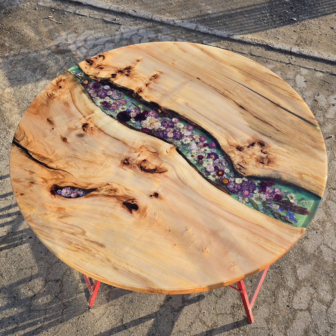 Provocation Table Color:green Dining Table Round 160 Cm Diameter, LED, Real Flower Design, Epoxy ...