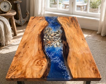Coffee table, side table, sea table, epoxy resin table, river table, solid wood, made to customer specifications. TO ORDER.