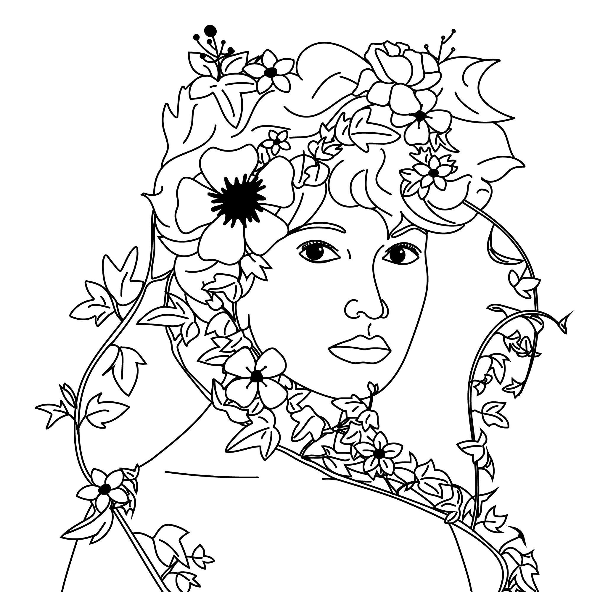 Woman with flowers line drawing vector illustration Line art Etsy