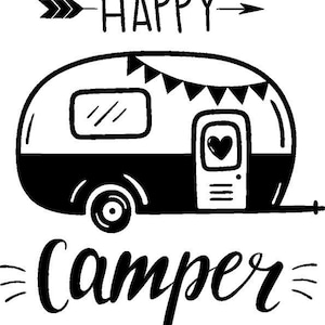 Può includere: Illustrazione in bianco e nero di un camper con il testo "HAPPY" e una freccia su entrambi i lati del testo. Sotto il camper c'è il testo "camper" con una linea ondulata su entrambi i lati.