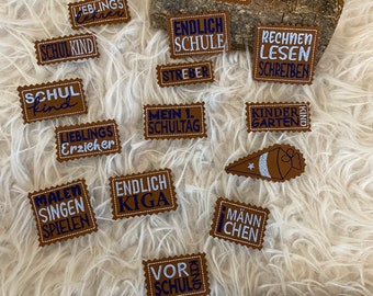 Patch Lederlabel Label Kunstleder bestickt DIY nähen Tüddel Tüddelkram, Button junge Geschenk blau hellblau Handmade Selfmade Schule Kinder