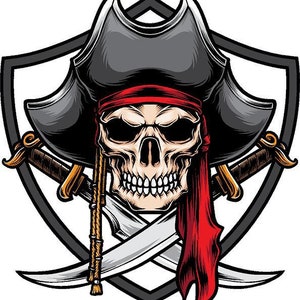 Op de afbeelding: Een zwart-witte schedel met een zwarte piratenhoed met een rode bandana. Twee gekruiste zwaarden bevinden zich achter de schedel.